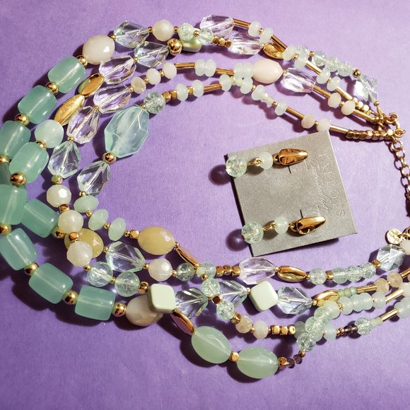 Four-strand seafoam green necklace/earrings - Picture 2 of 9